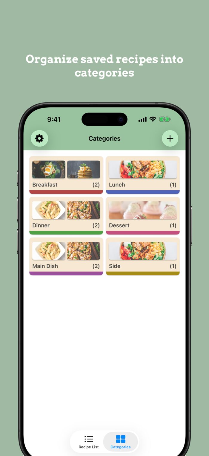 Categories screen showing recipes grouped into Breakfast, Lunch, Dinner, Dessert, Main Dish, and Side