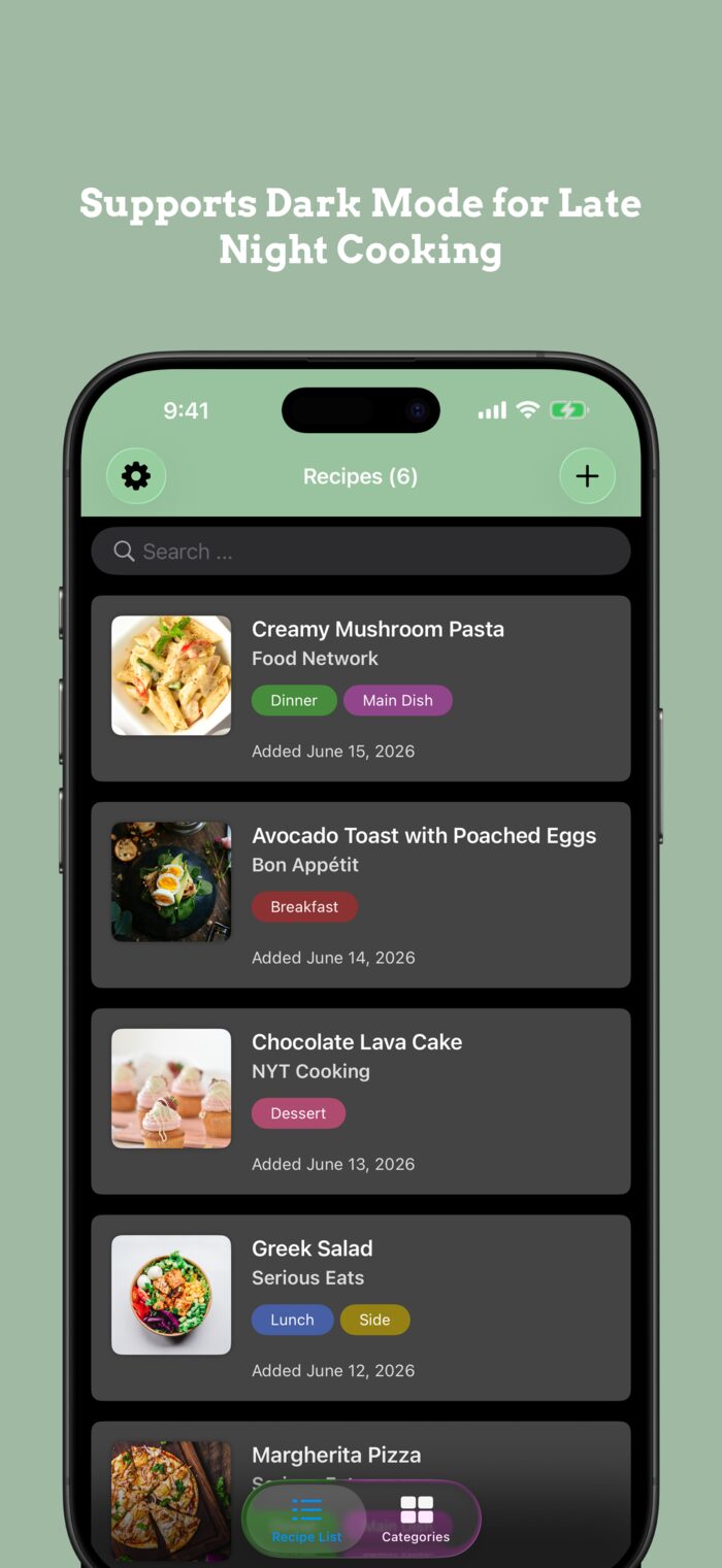 Recipe list screen shown in dark mode