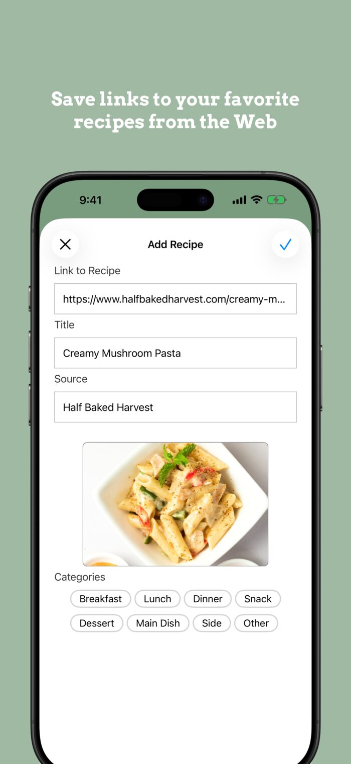 Add Recipe screen showing a pasted link auto-filling the title, source, and photo