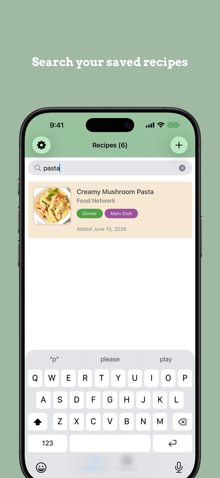 Search screen filtering recipes by the word pasta