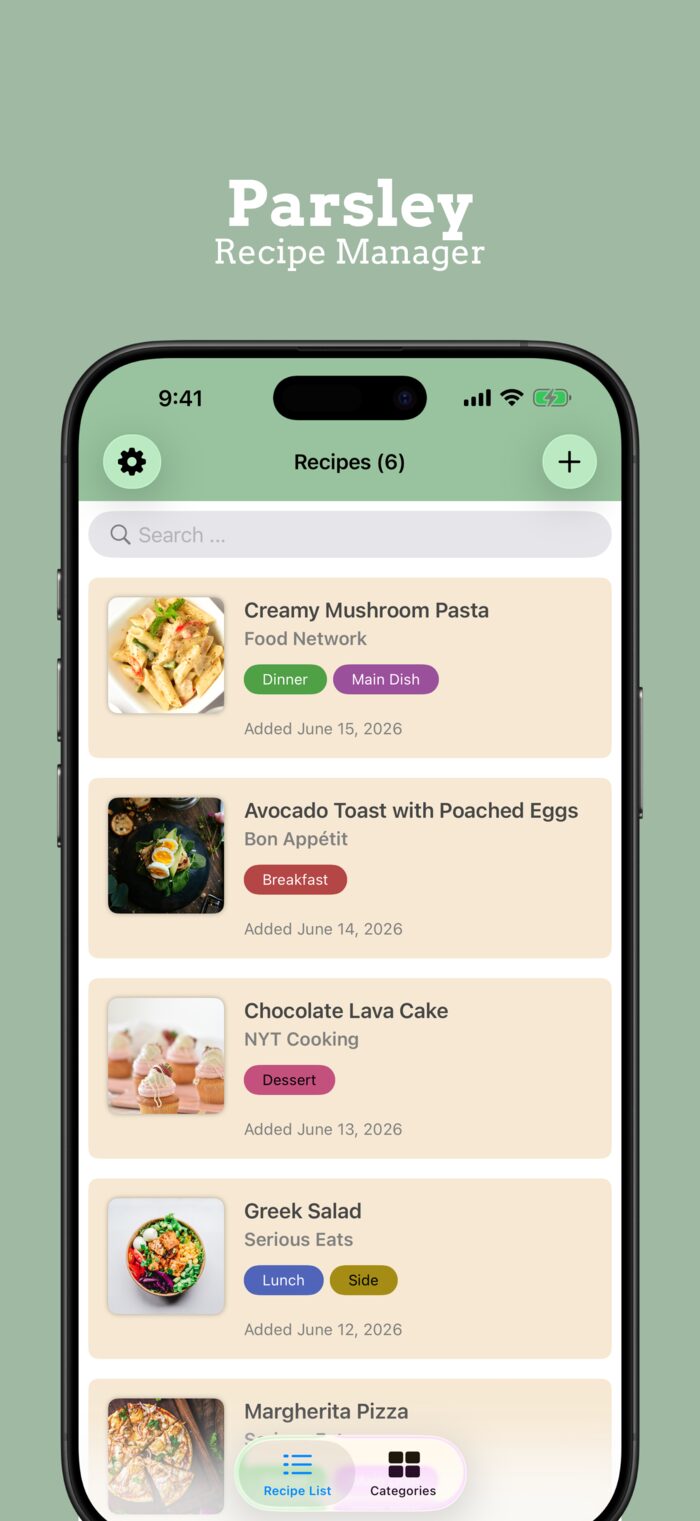 Parsley recipe list screen showing saved recipes organized with tags